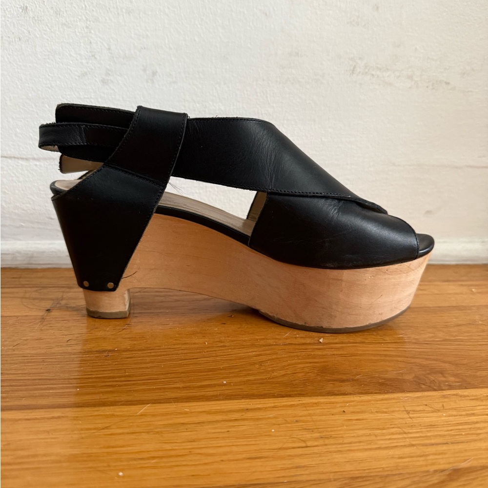 3.1 PHILLIP LIM Black Leather Wooden Platform Heeled Wedge Sandals EU 36 US 6